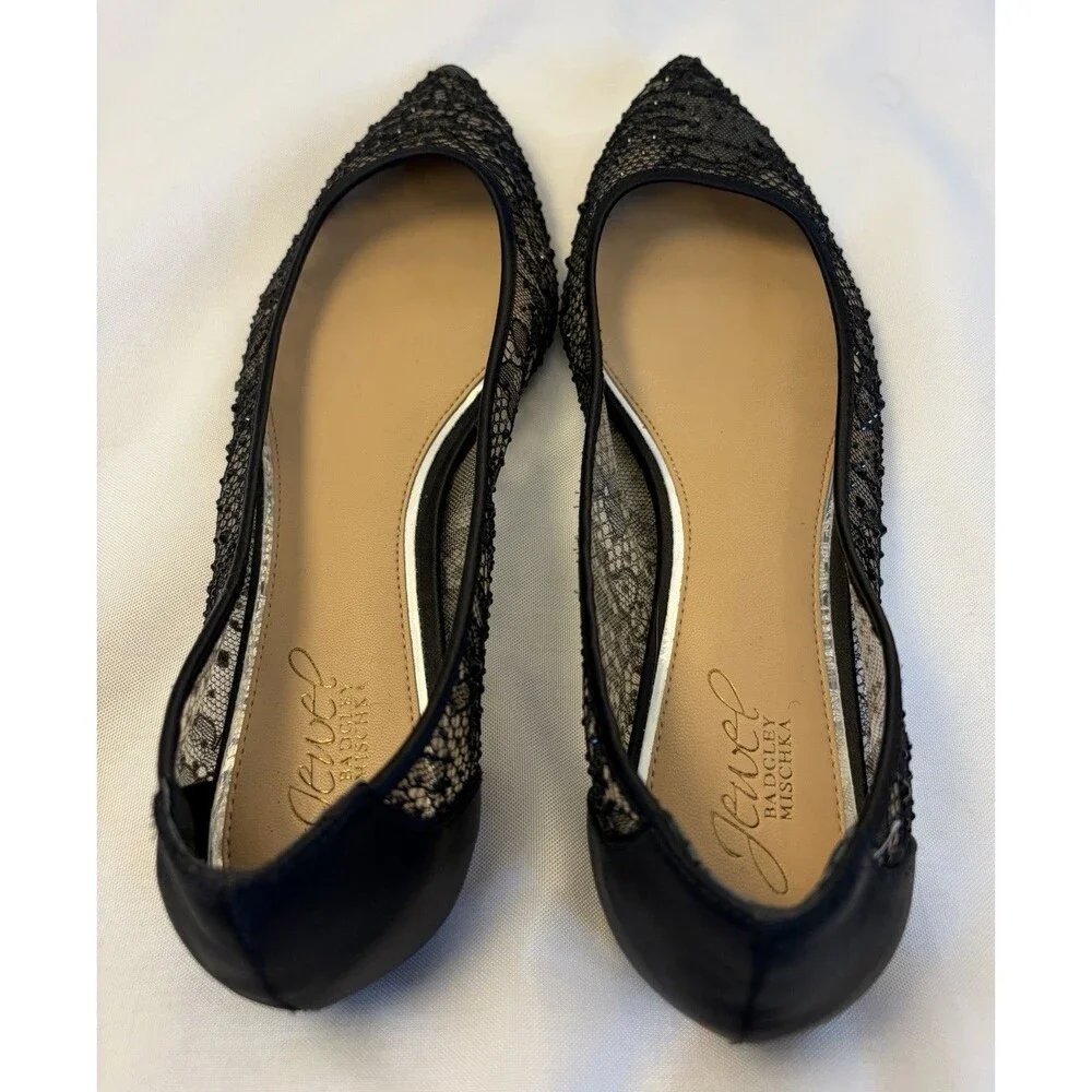 Jewel Badgley Mischka Juliana Black Ballet Flats US 8.5 Mesh Lace Pointed Toe